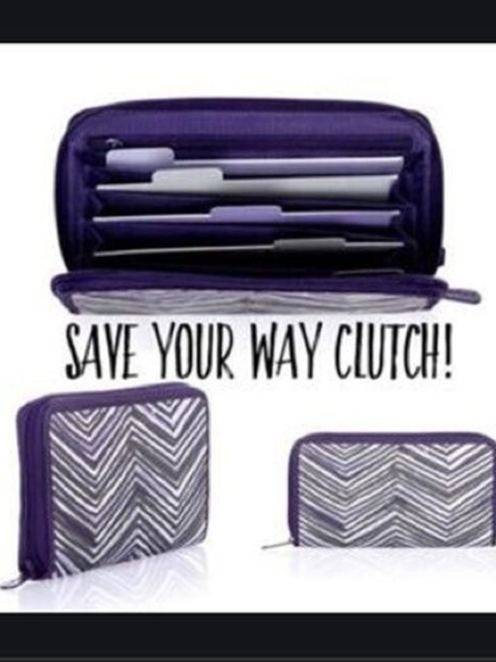 Thirty-One Jewell Save Your Way Clutch in Zig Zag Zoom Print Purple Black Wallet